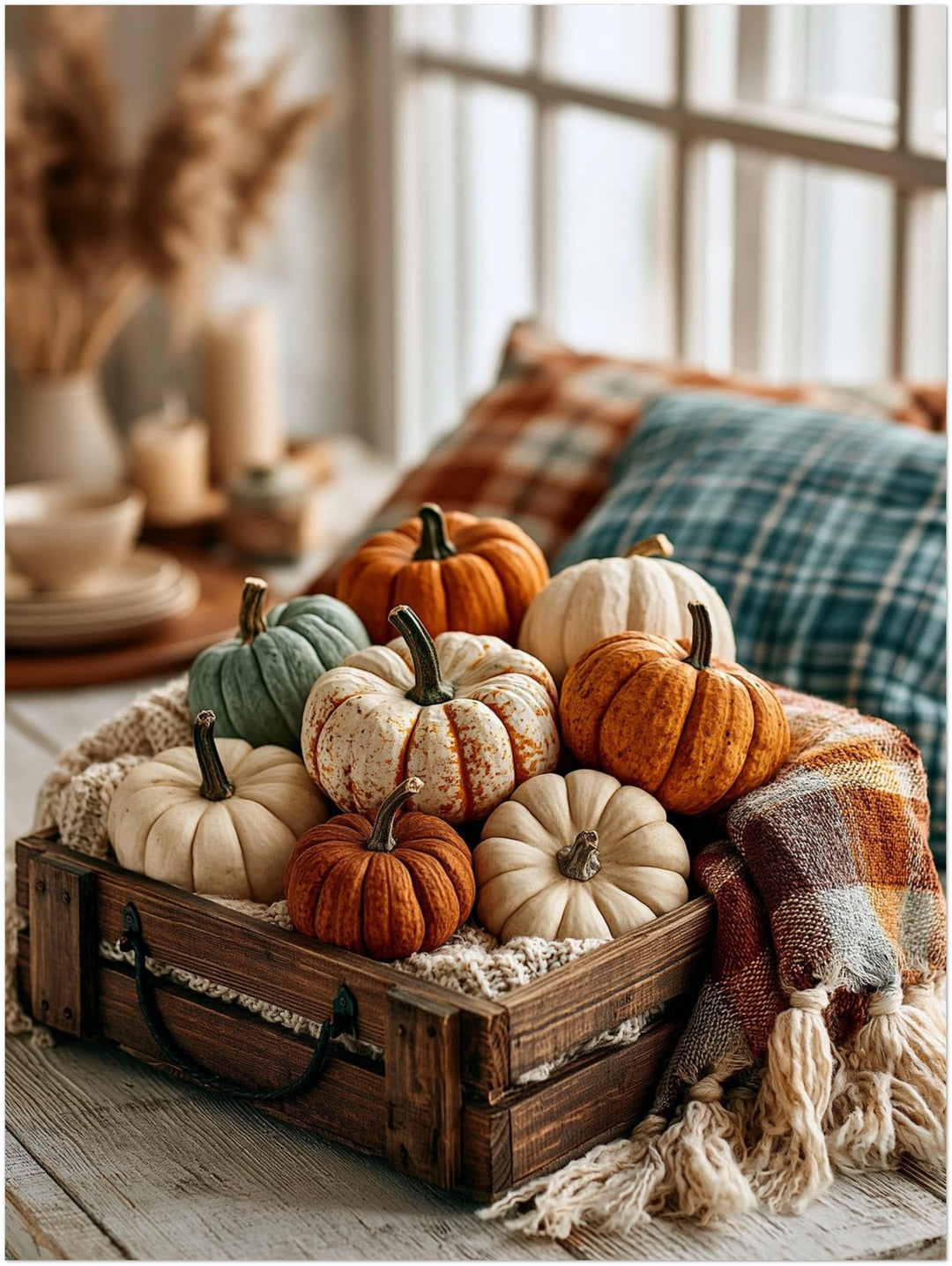 Herbstkürbisse im Holzkistchen Poster – Ohne Rahmen – Produktfoto