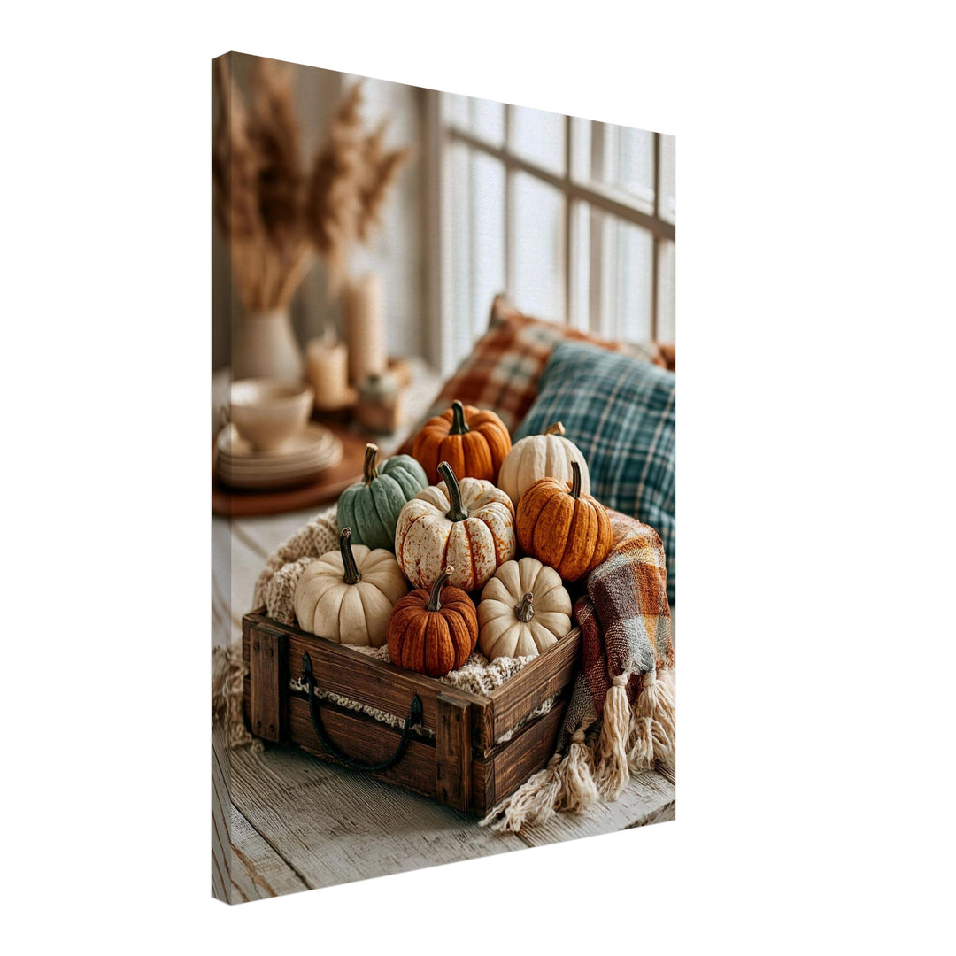 Herbstkürbisse im Holzkistchen Leinwandbild – Schräge Ansicht – Produktfoto