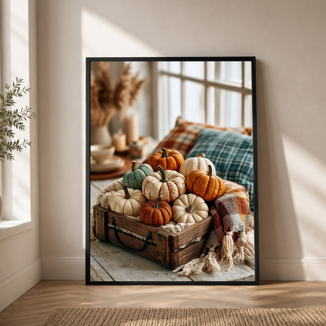Herbstkürbisse im Holzkistchen Poster – Schwarzer Rahmen – Produktfoto