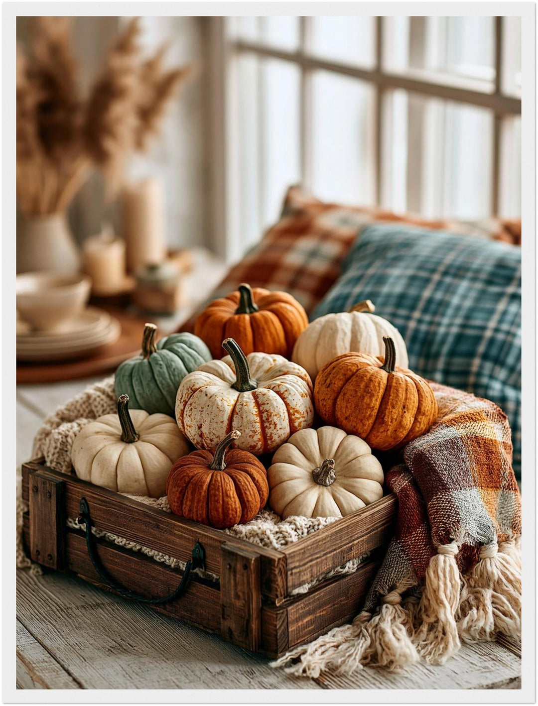 Herbstkürbisse im Holzkistchen Poster – Weißer Rahmen – Produktfoto