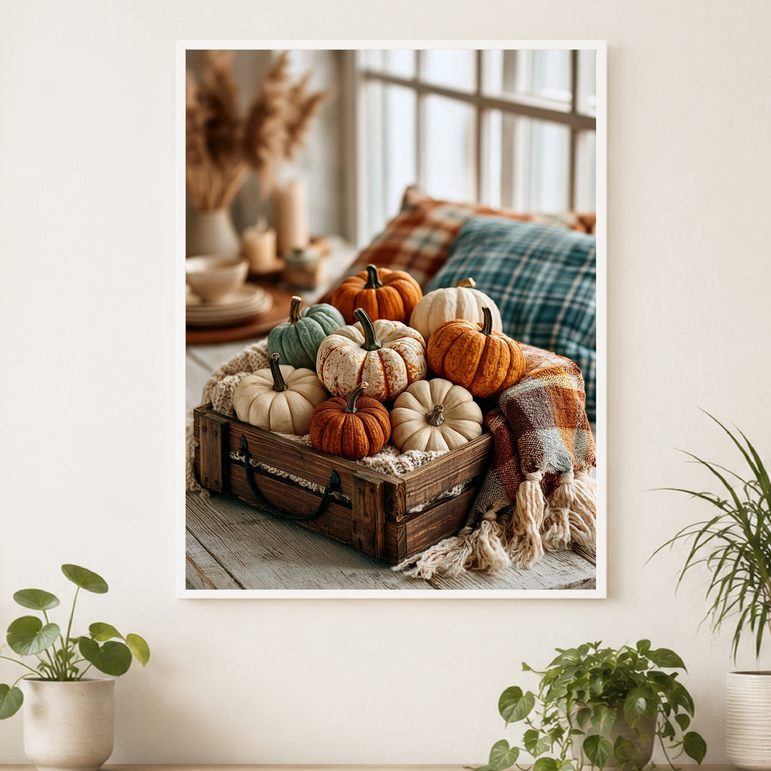 Herbstkürbisse im Holzkistchen Poster – Weißer Rahmen – Produktfoto