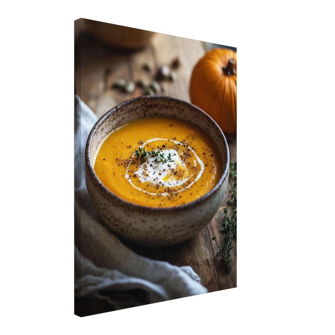 Goldene Kürbissuppe Herbst Leinwandbild – Schräge Ansicht – Produktfoto