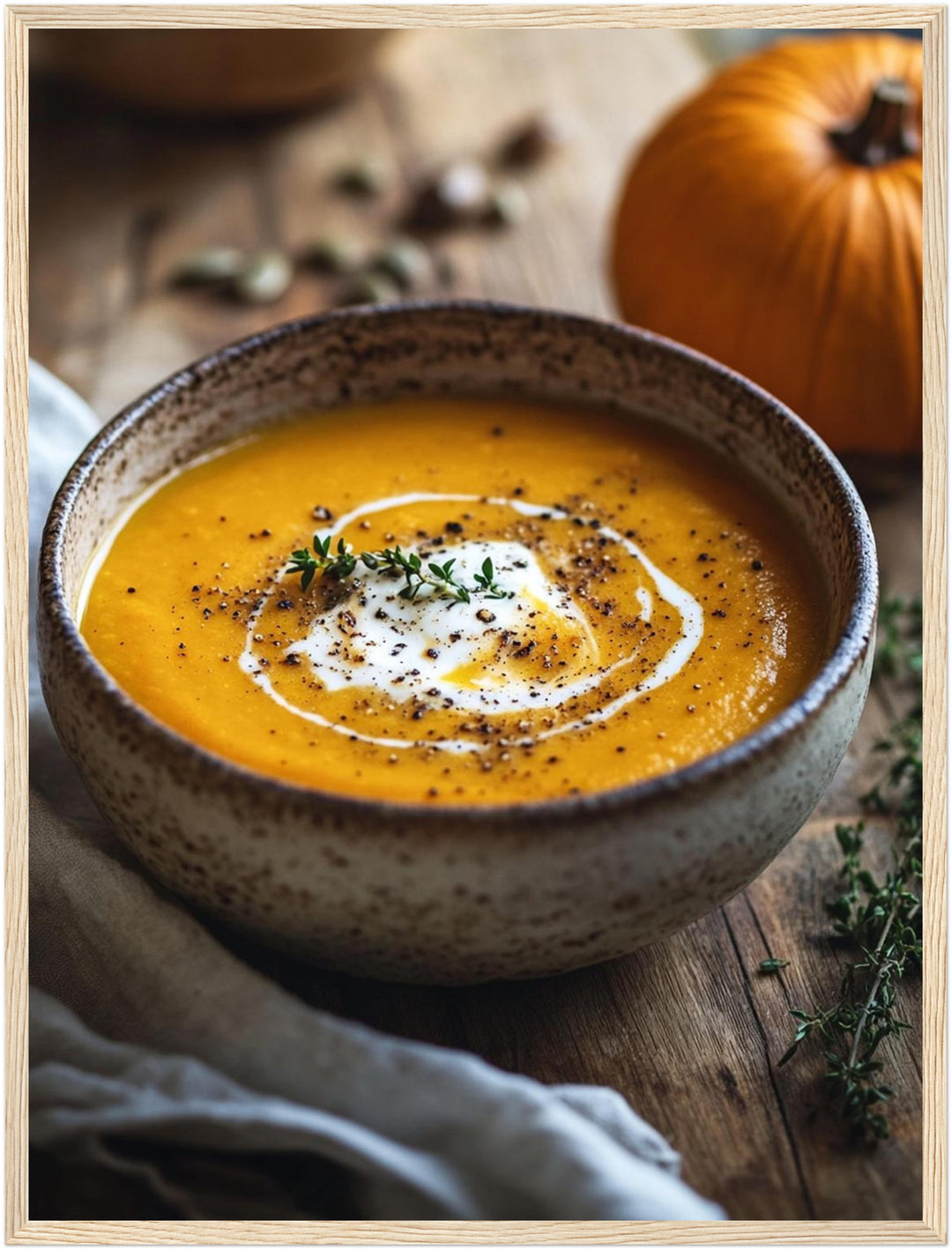 Goldene Kürbissuppe Herbst Poster – Holz natur Rahmen – Produktfoto