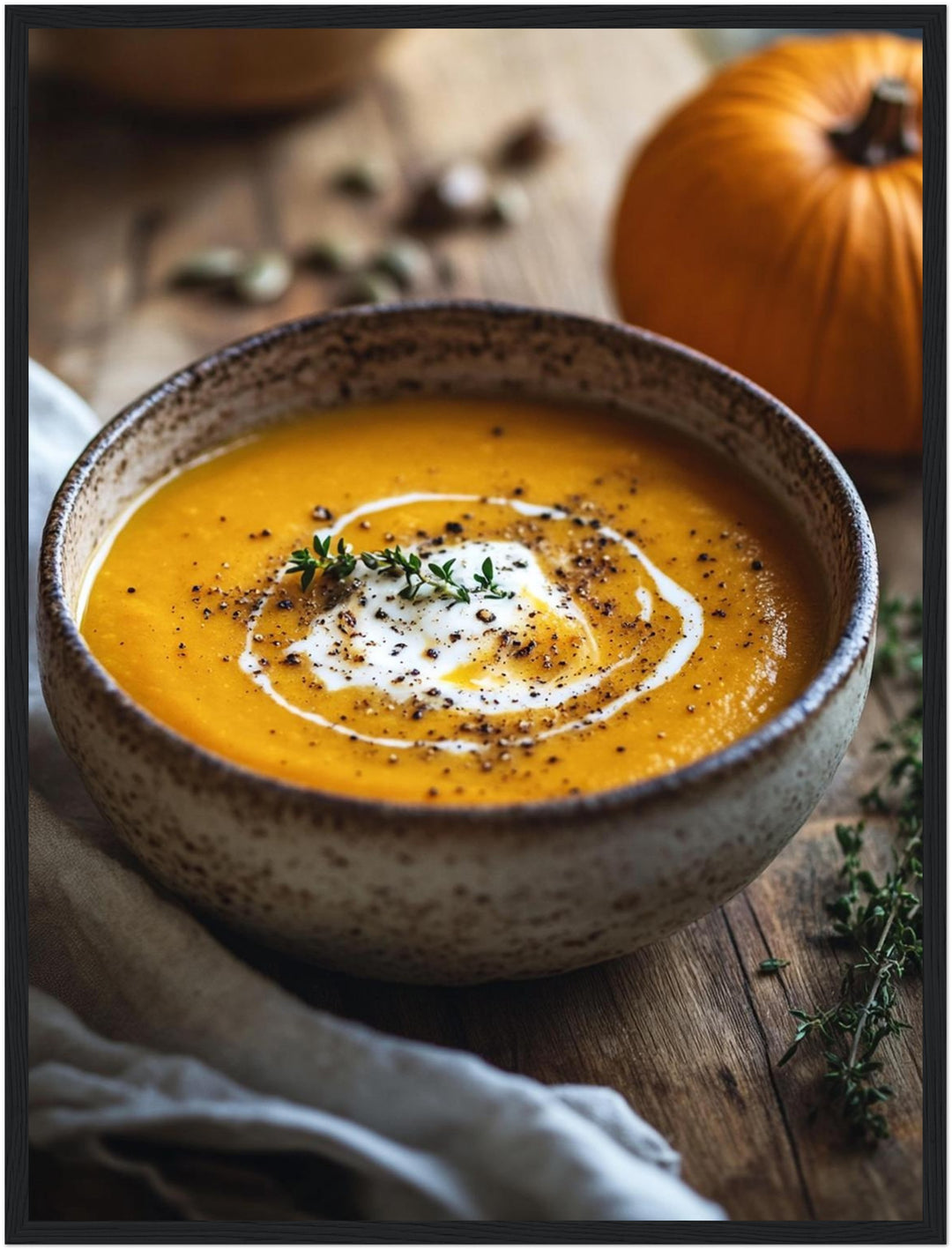 Goldene Kürbissuppe Herbst Poster – Schwarzer Rahmen – Produktfoto