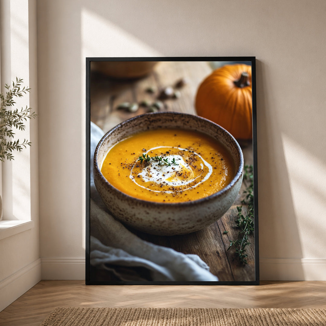Goldene Kürbissuppe Herbst Poster – Schwarzer Rahmen – Produktfoto