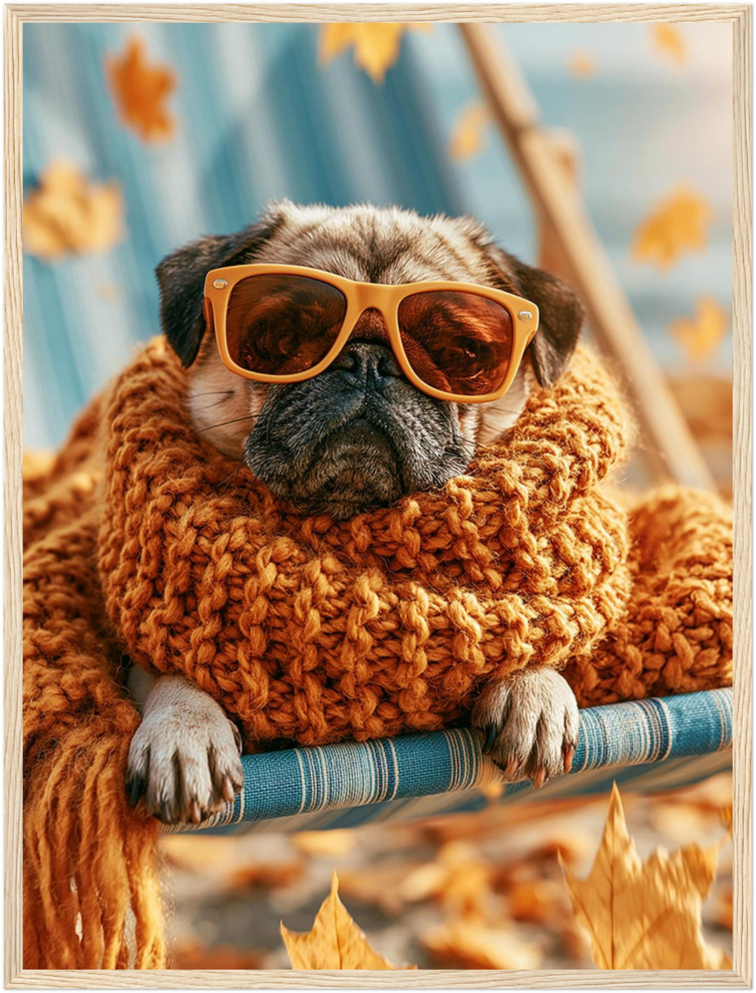 Mops im Herbstwind Poster – Holz natur Rahmen – Produktfoto