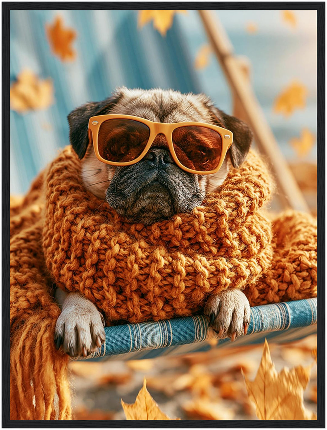 Mops im Herbstwind Poster – Schwarzer Rahmen – Produktfoto
