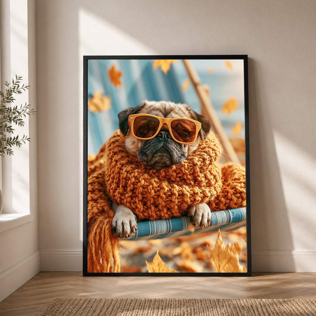 Mops im Herbstwind Poster – Schwarzer Rahmen – Produktfoto