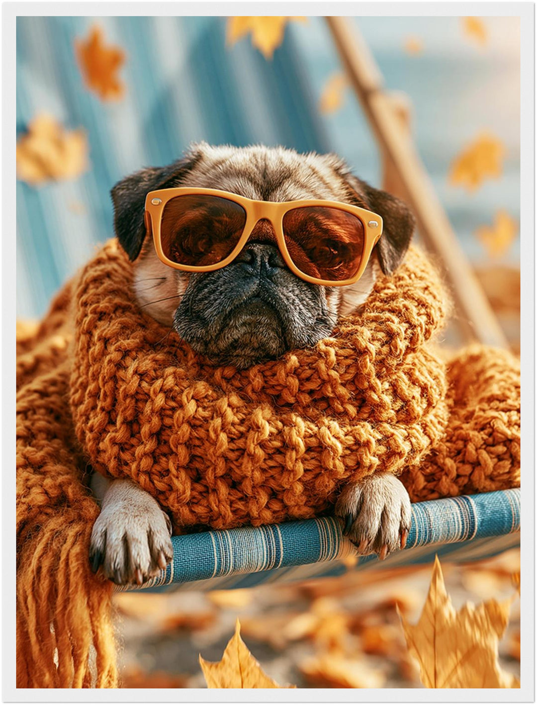 Mops im Herbstwind Poster – Weißer Rahmen – Produktfoto