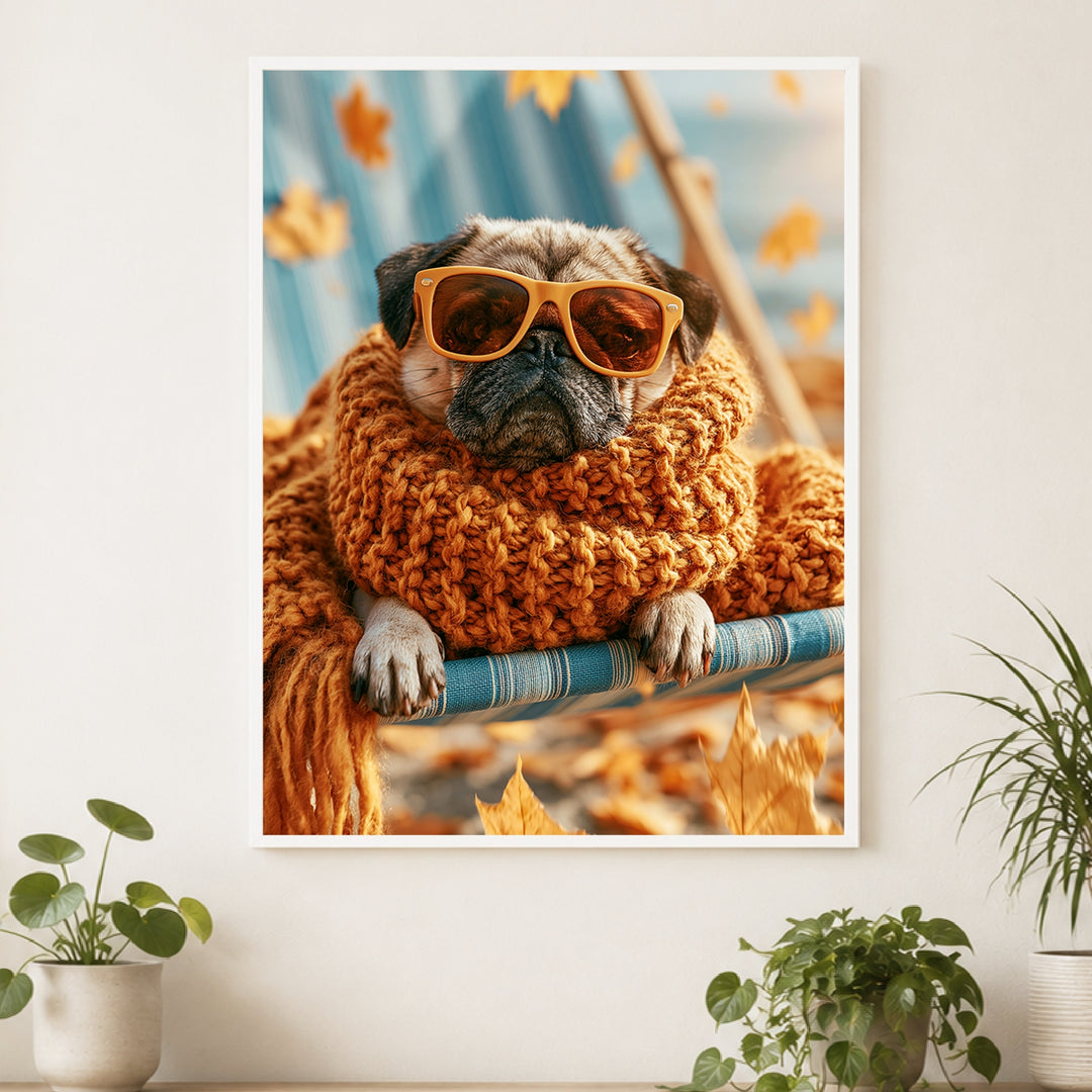 Mops im Herbstwind Poster – Weißer Rahmen – Produktfoto