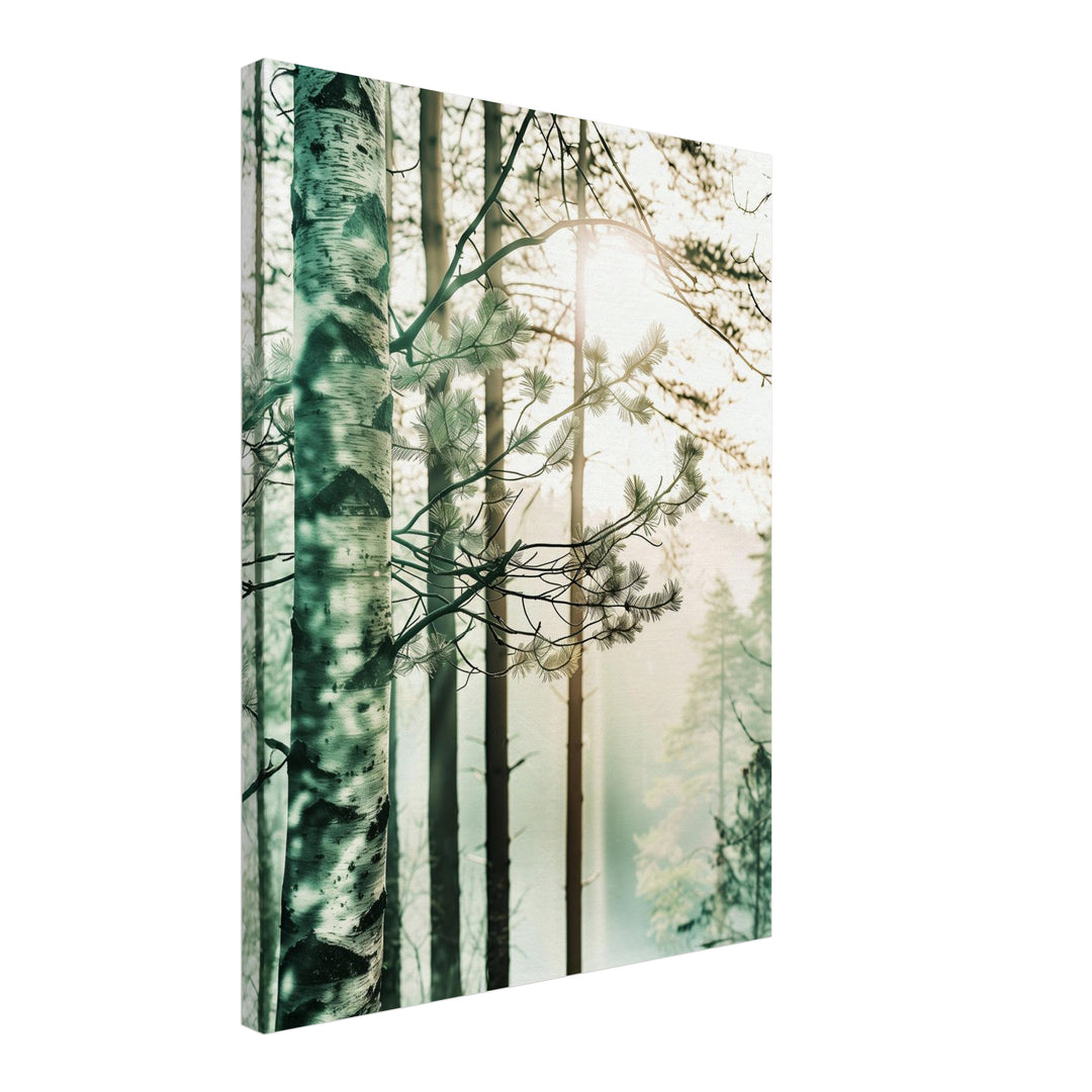 Birkenwald im Morgennebel Leinwand Landschaft – Leinwand auf Holzrahmen – Ansicht 2