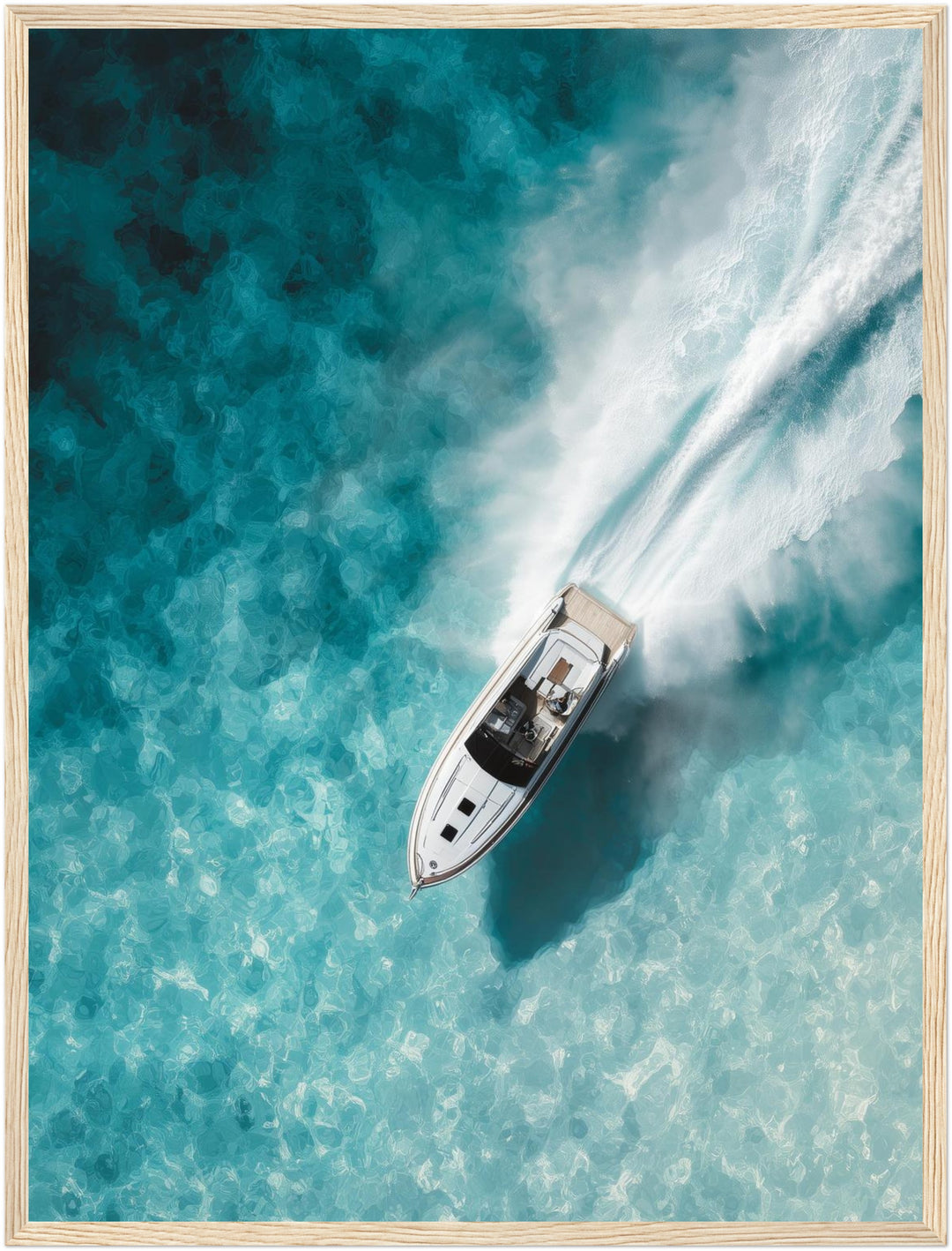 Speedboot im Türkismeer Poster – Holz natur Rahmen – Produktfoto