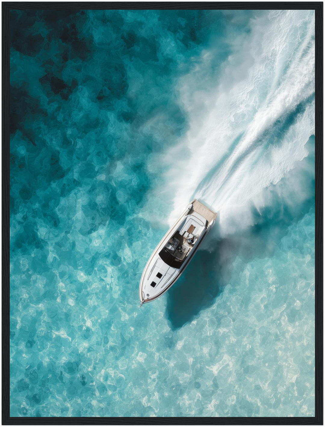 Speedboot im Türkismeer Poster – Schwarzer Rahmen – Produktfoto
