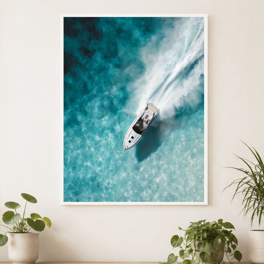 Speedboot im Türkismeer Poster – Weißer Rahmen – Produktfoto