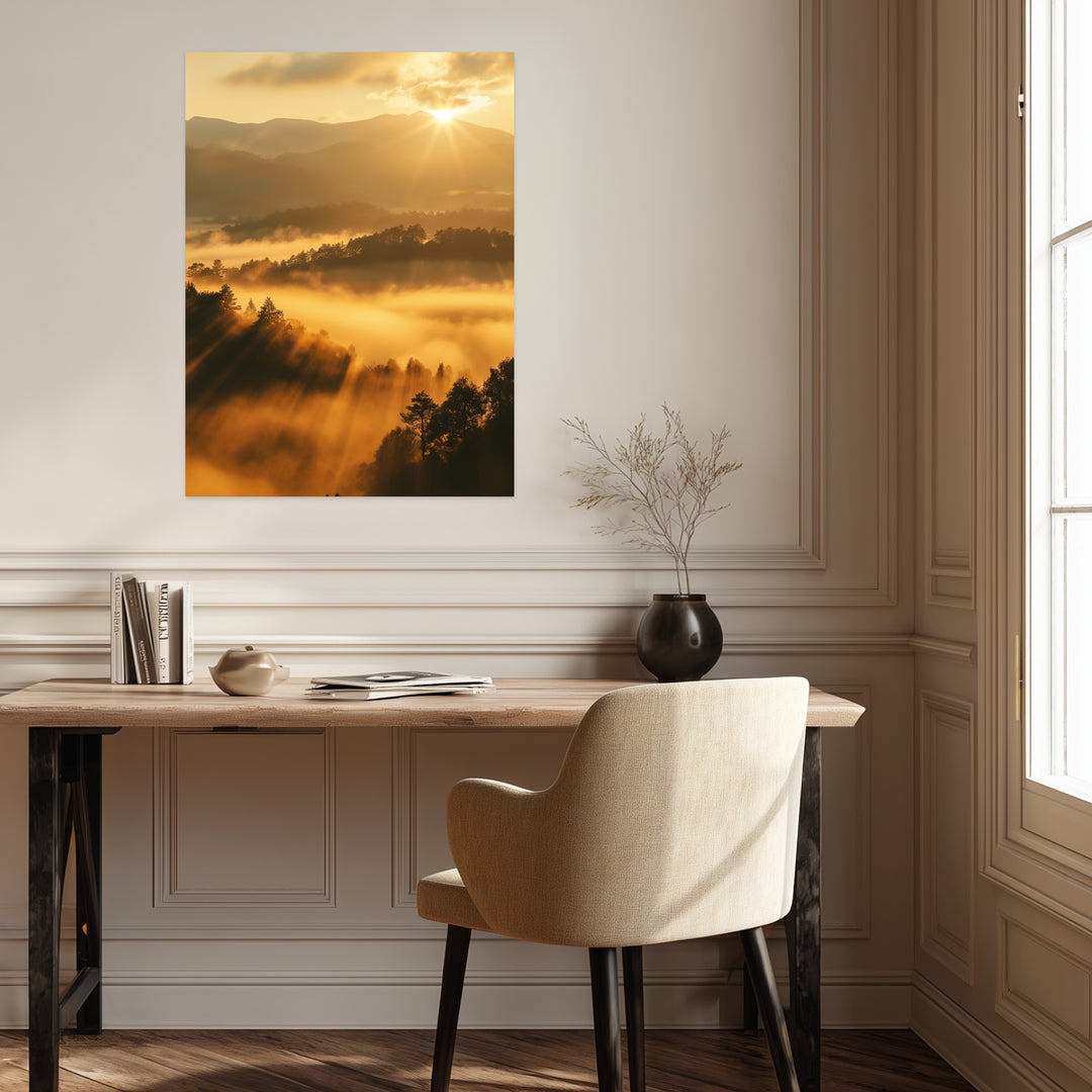 Sonnenstrahlen über Nebelwald Leinwandbild abstrakt – Leinwand auf Holzrahmen – Ansicht 3