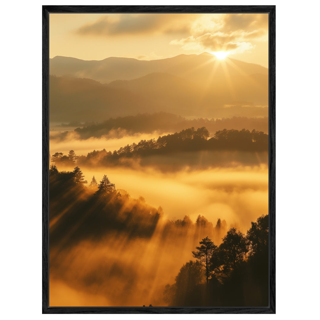 Sonnenstrahlen über Nebelwald Leinwandbild abstrakt – Leinwand auf Holzrahmen – Ansicht 4