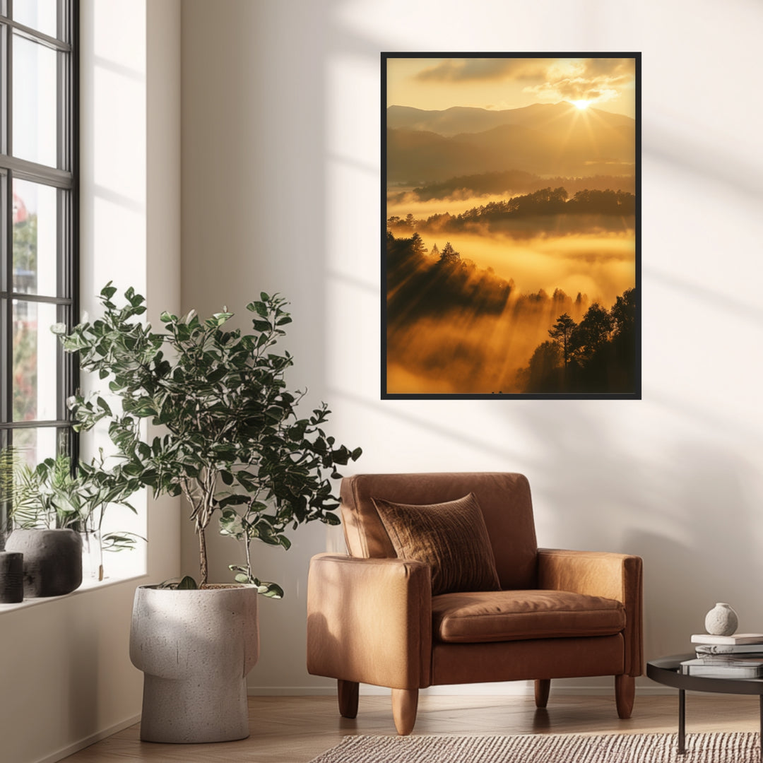Sonnenstrahlen über Nebelwald Poster abstrakt – mattes Kunstdruck-Papier – Ansicht 3