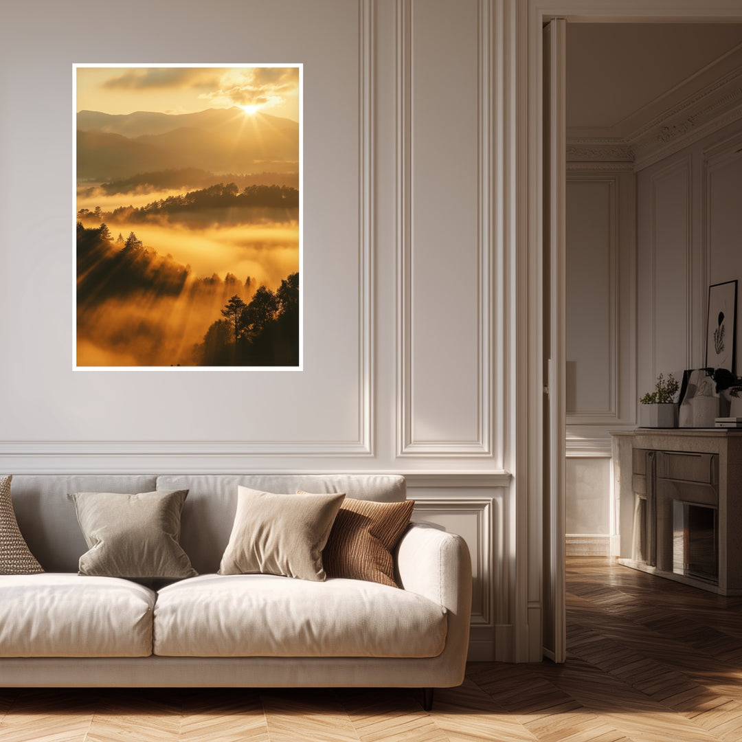 Sonnenstrahlen über Nebelwald Poster abstrakt – mattes Kunstdruck-Papier – Ansicht 4