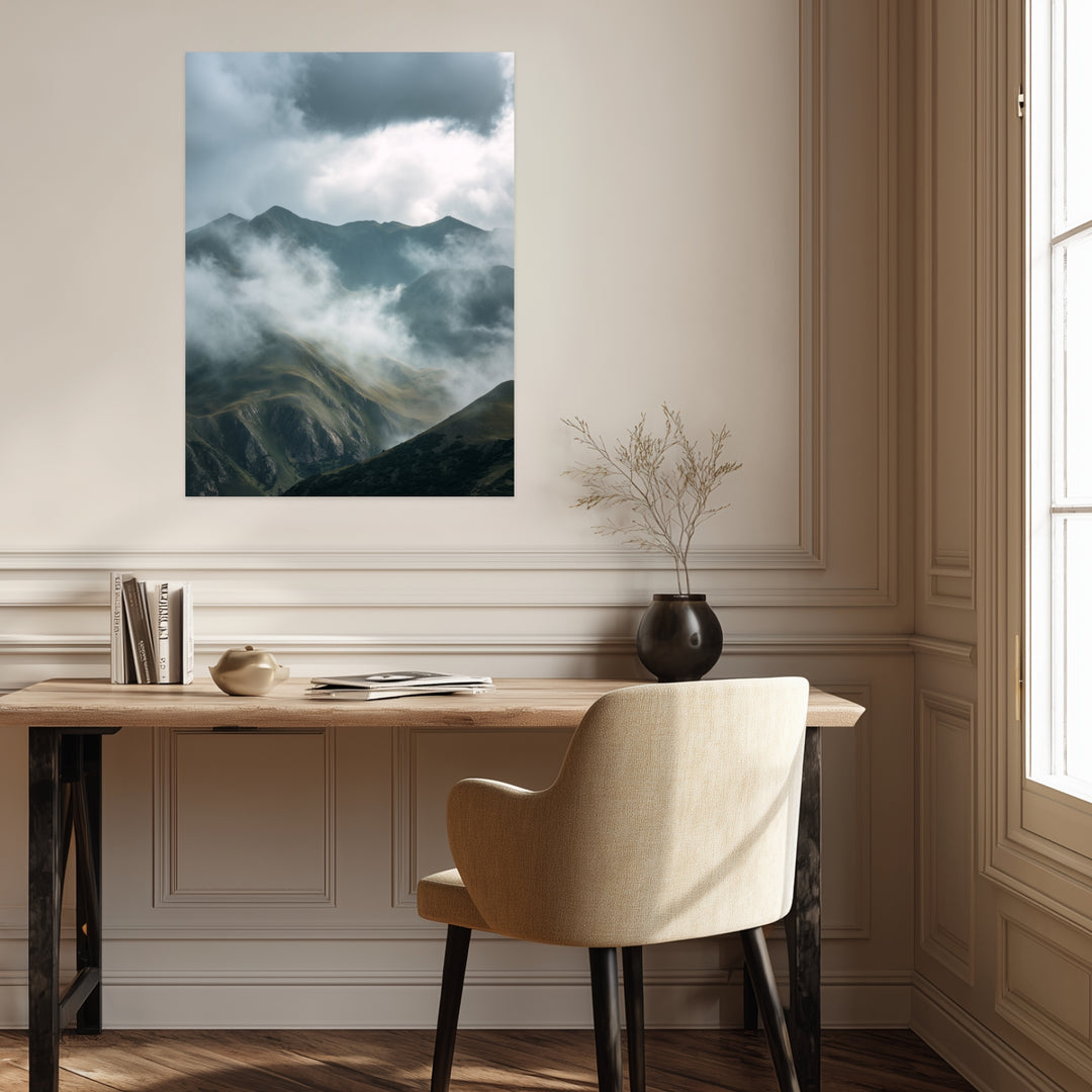 Neblige Berglandschaft Poster abstrakt – mattes Kunstdruck-Papier – Ansicht 2