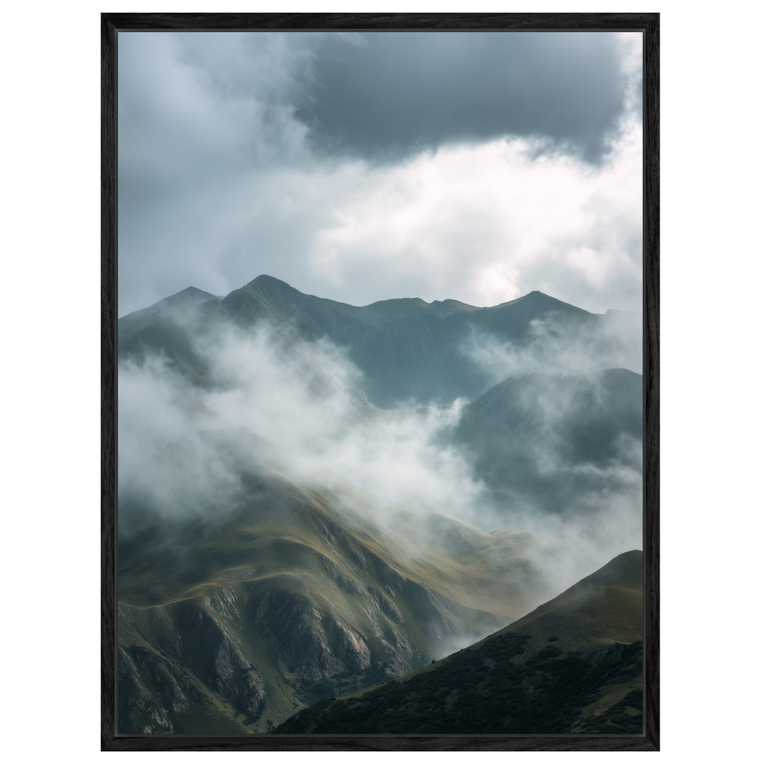 Neblige Berglandschaft Leinwandbild abstrakt – Leinwand auf Holzrahmen – Ansicht 4