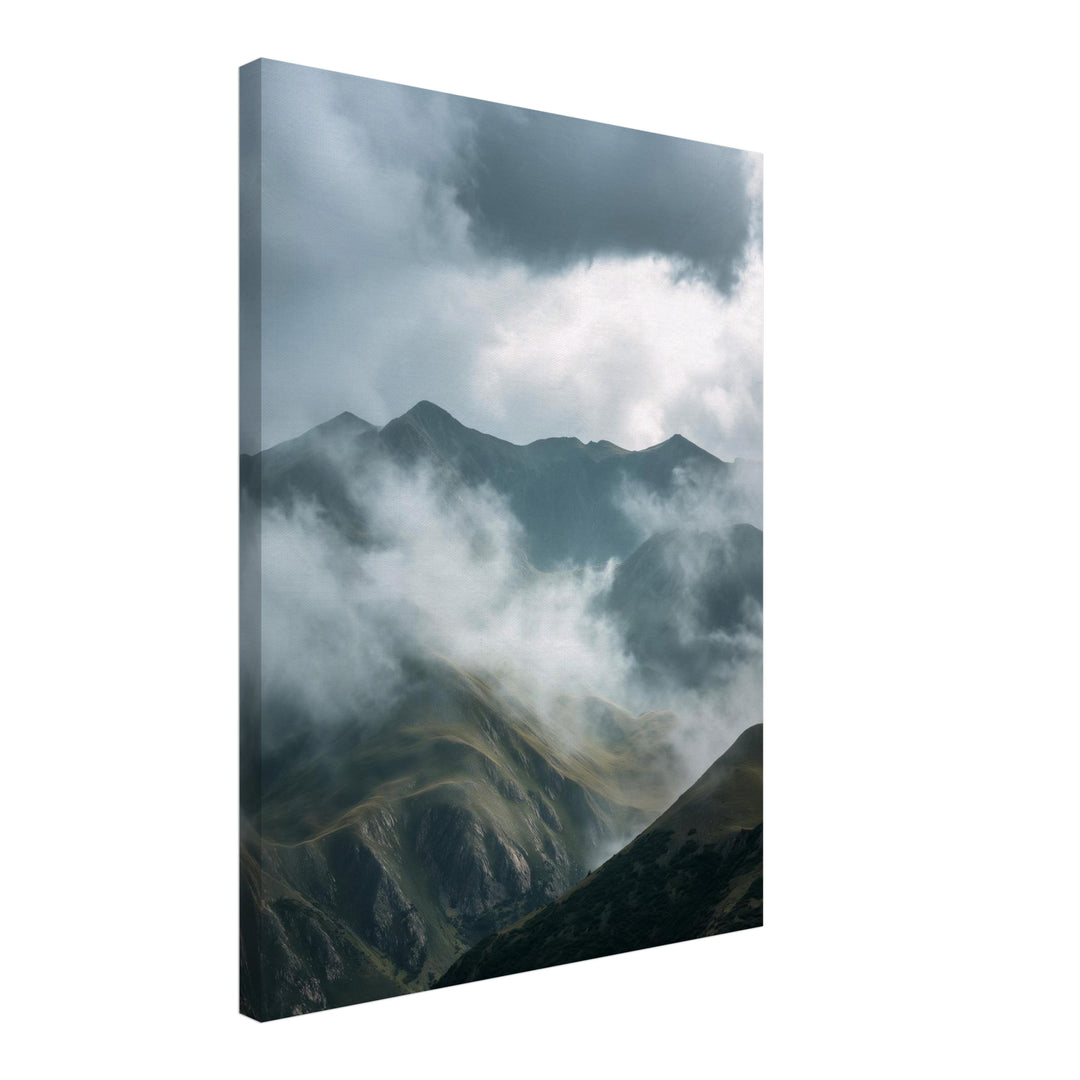 Neblige Berglandschaft Leinwandbild abstrakt – Leinwand auf Holzrahmen – Ansicht 2