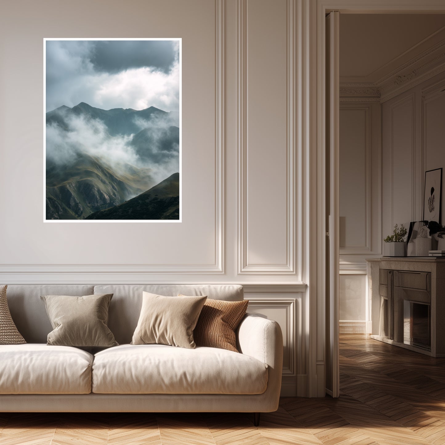 Neblige Berglandschaft Poster