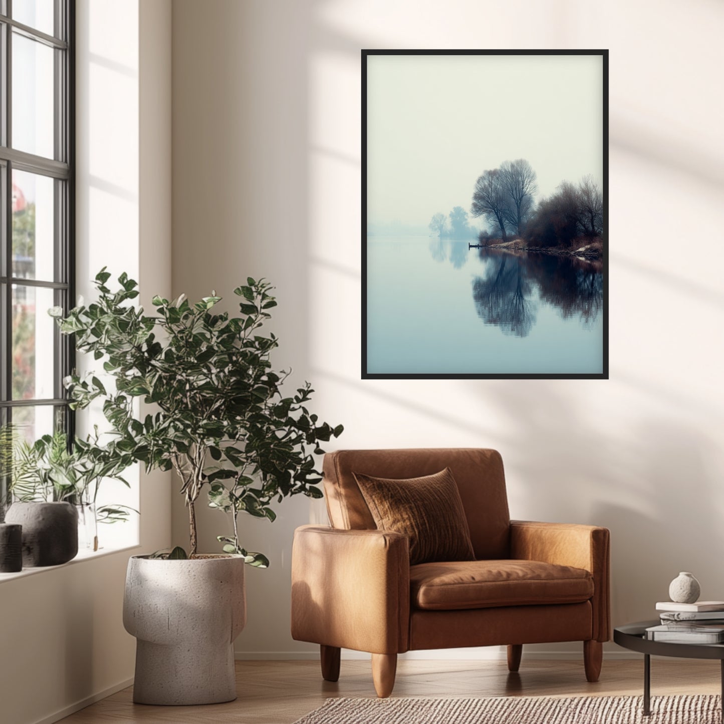 Nebliger See mit Bäumen Poster