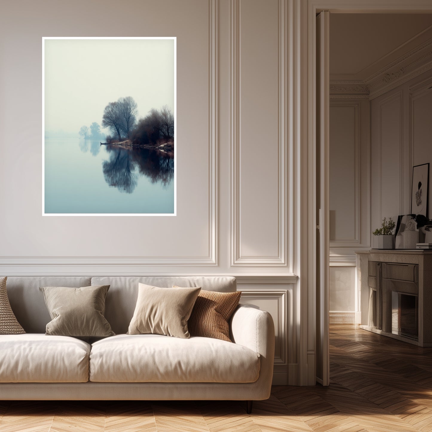 Nebliger See mit Bäumen Poster