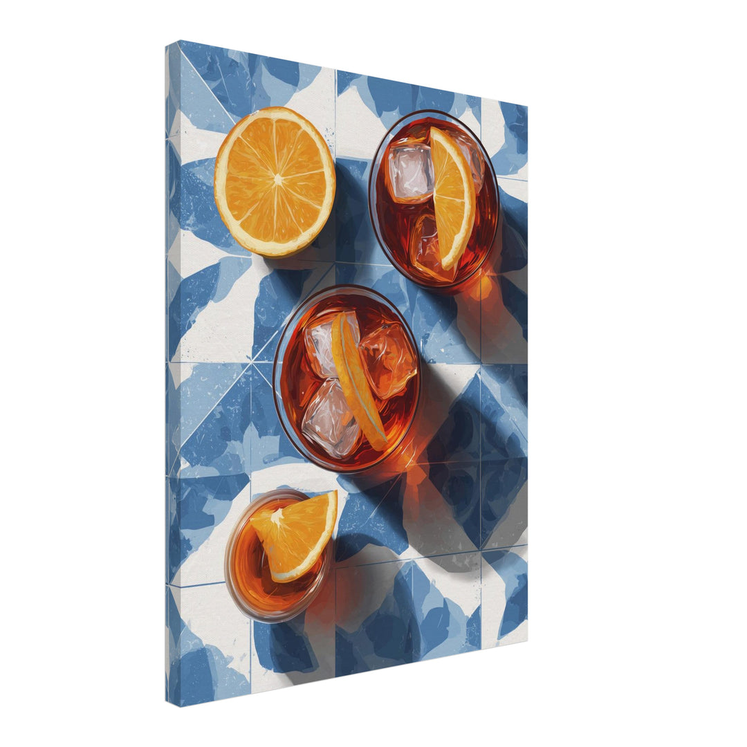 Aperitivo auf blauen Fliesen Leinwandbild – Schräge Ansicht – Produktfoto