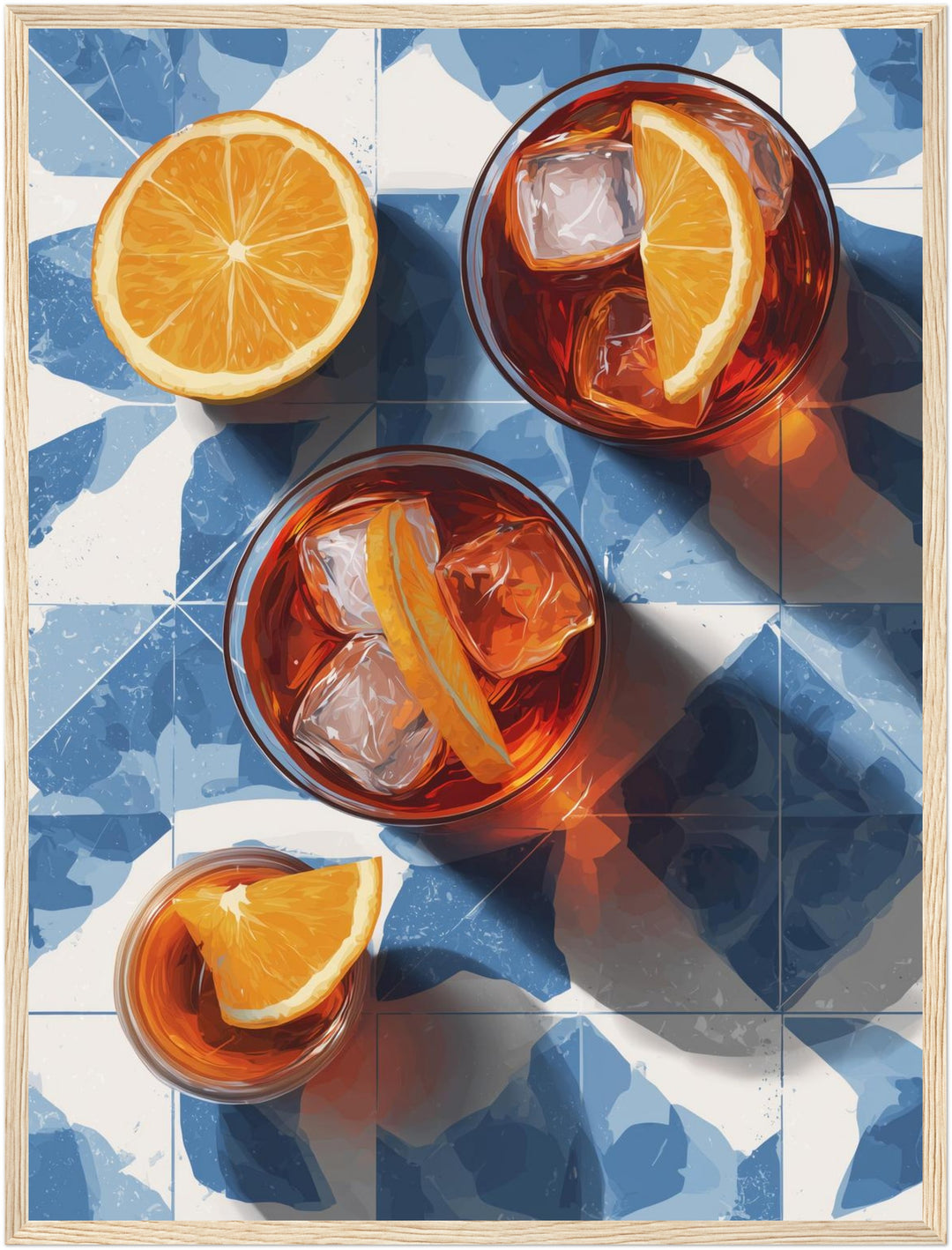 Aperitivo auf blauen Fliesen Poster – Holz natur Rahmen – Produktfoto
