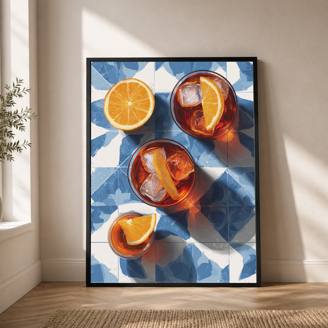 Aperitivo auf blauen Fliesen Poster – Schwarzer Rahmen – Produktfoto