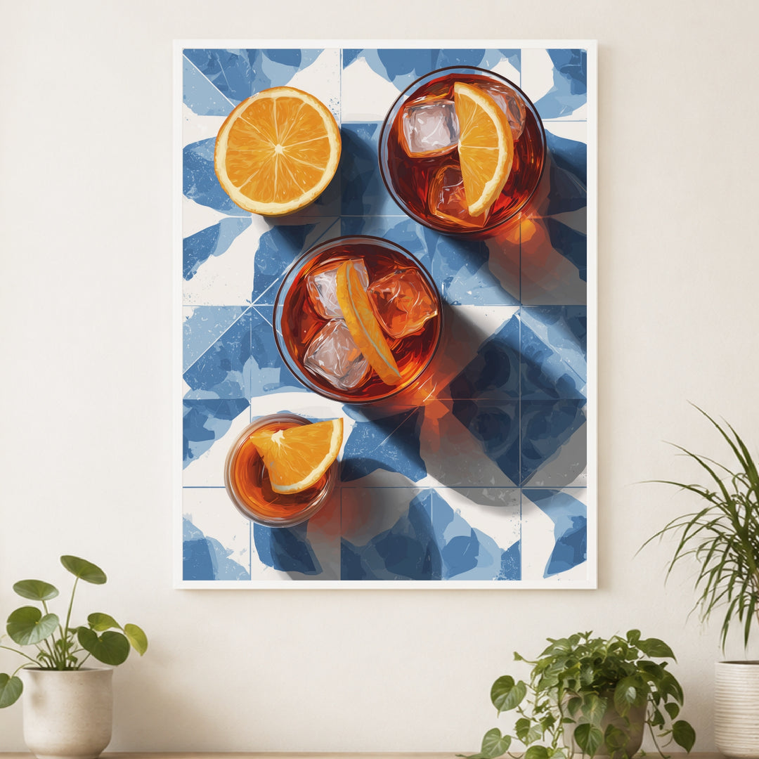 Aperitivo auf blauen Fliesen Poster – Weißer Rahmen – Produktfoto
