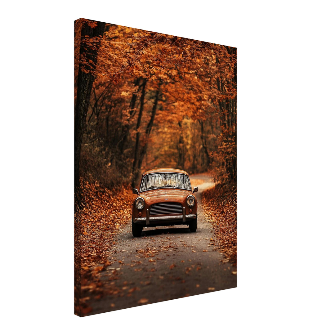 Oldtimer im Herbstwald Leinwandbild – Schräge Ansicht – Produktfoto