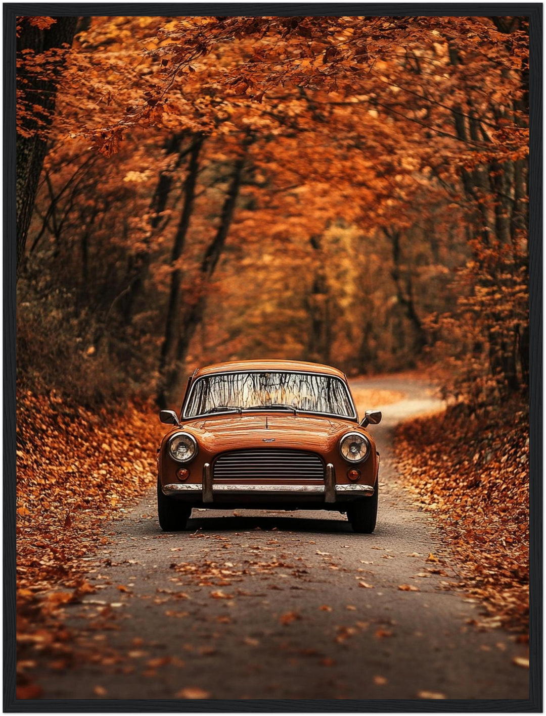 Oldtimer im Herbstwald Poster – Schwarzer Rahmen – Produktfoto