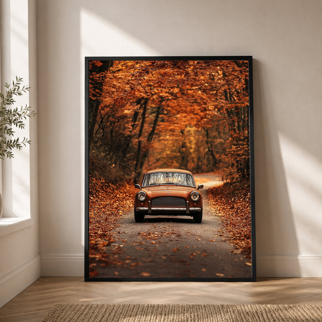 Oldtimer im Herbstwald Poster – Schwarzer Rahmen – Produktfoto