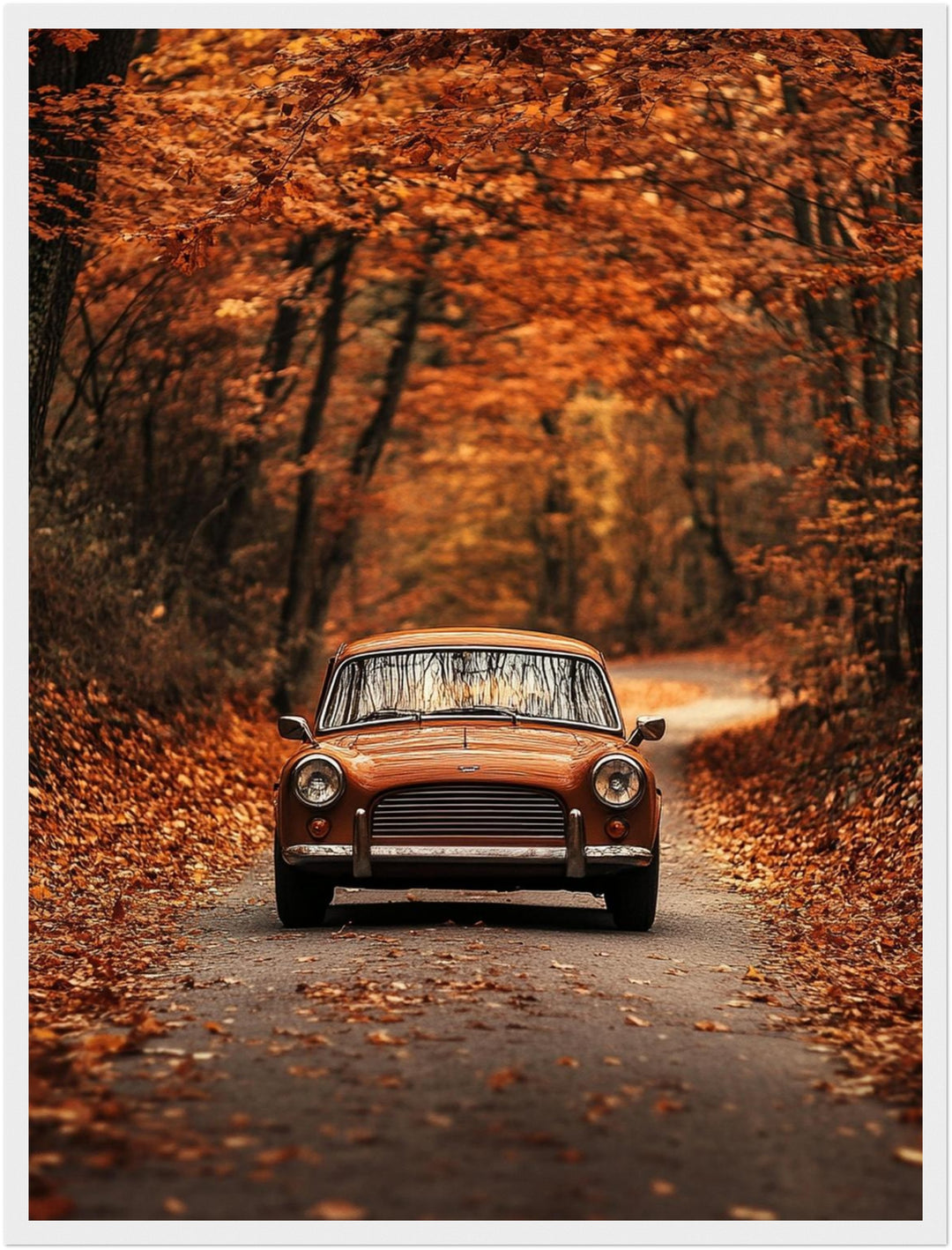 Oldtimer im Herbstwald Poster – Weißer Rahmen – Produktfoto