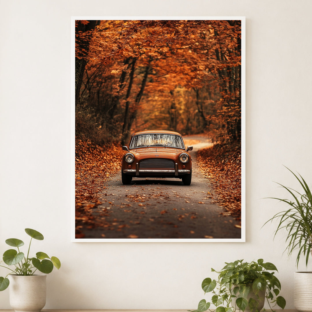 Oldtimer im Herbstwald Poster – Weißer Rahmen – Produktfoto