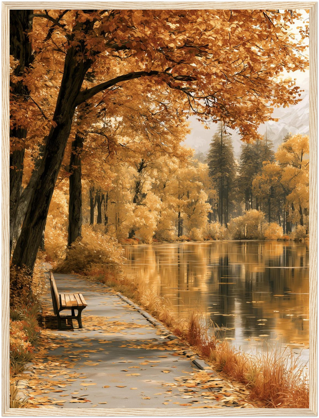 Goldener Herbst am See Poster – Holz natur Rahmen – Produktfoto