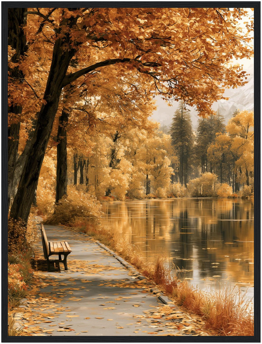 Goldener Herbst am See Poster – Schwarzer Rahmen – Produktfoto