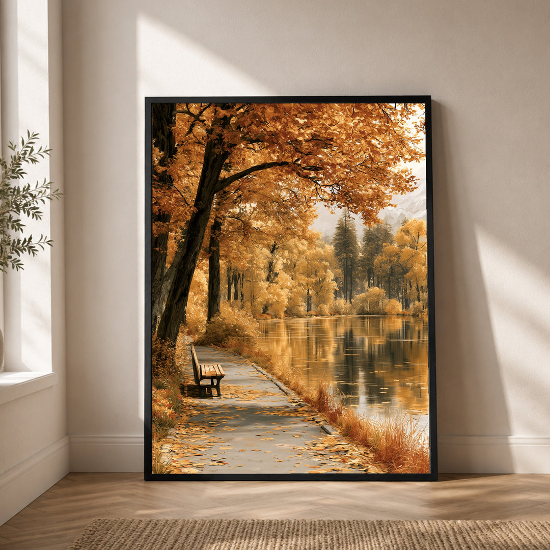 Goldener Herbst am See Poster – Schwarzer Rahmen – Produktfoto