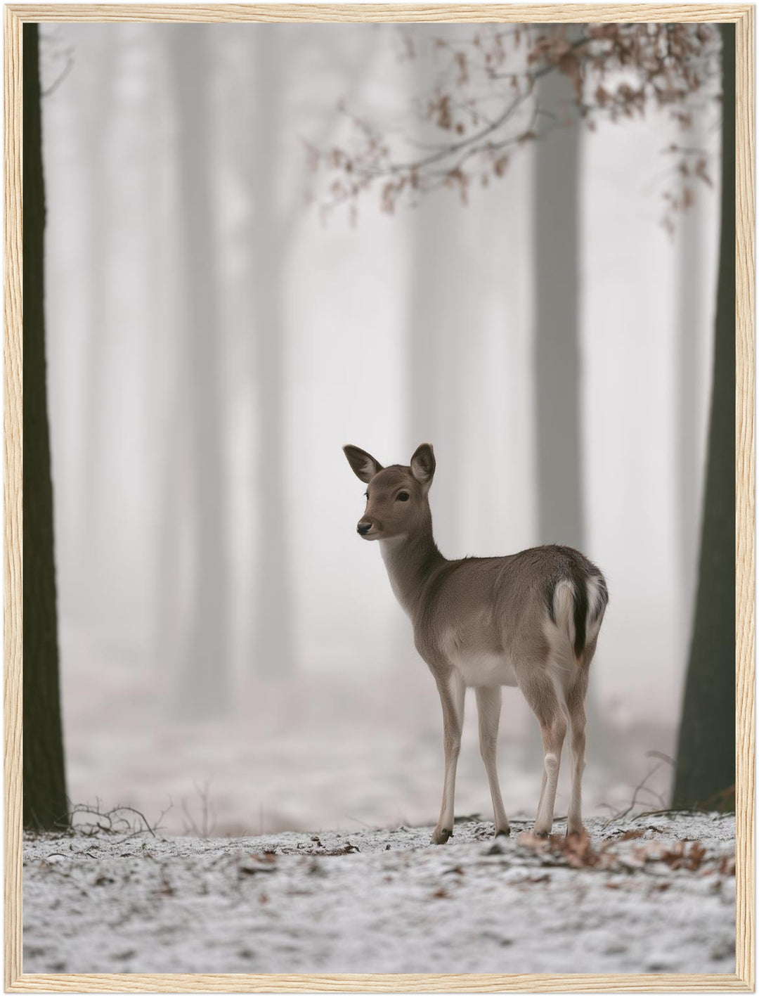 Reh im Winterwald Poster – Holz natur Rahmen – Produktfoto