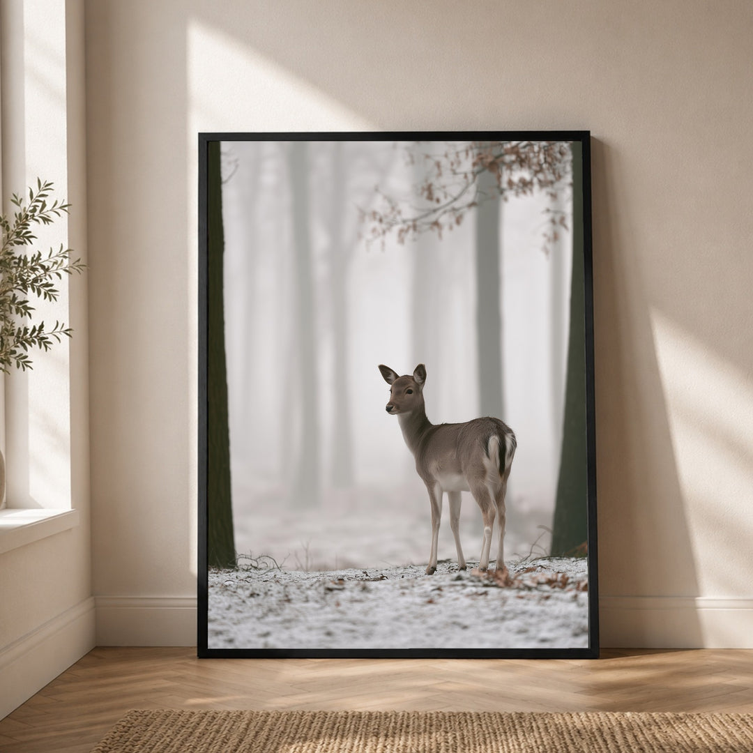 Reh im Winterwald Poster – Schwarzer Rahmen – Produktfoto