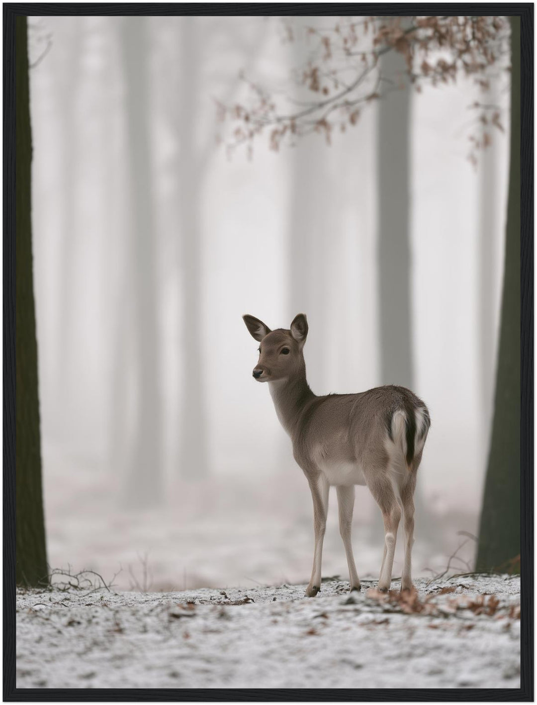 Reh im Winterwald Poster – Schwarzer Rahmen – Produktfoto
