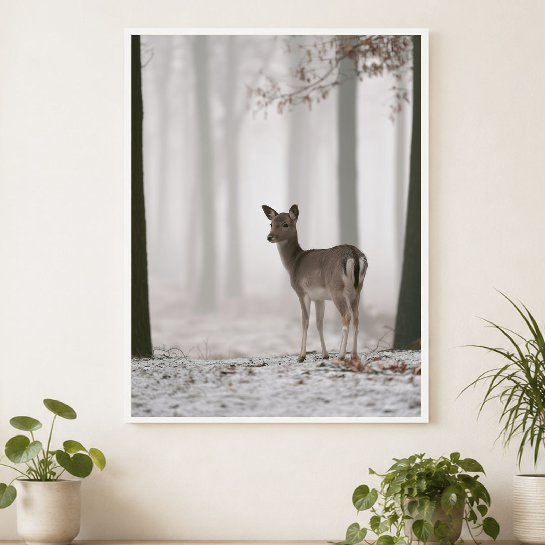 Reh im Winterwald Poster – Weißer Rahmen – Produktfoto