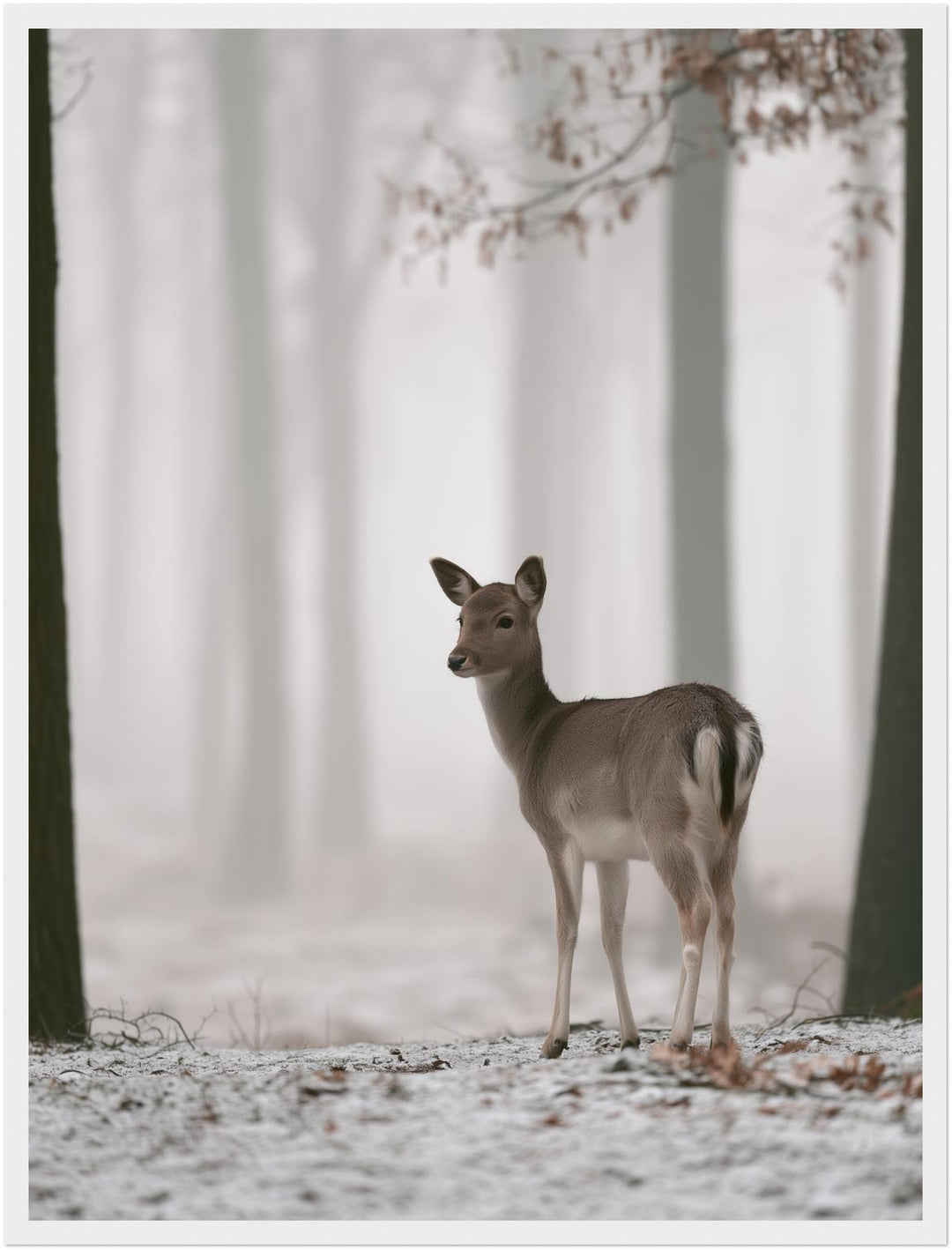 Reh im Winterwald Poster – Weißer Rahmen – Produktfoto