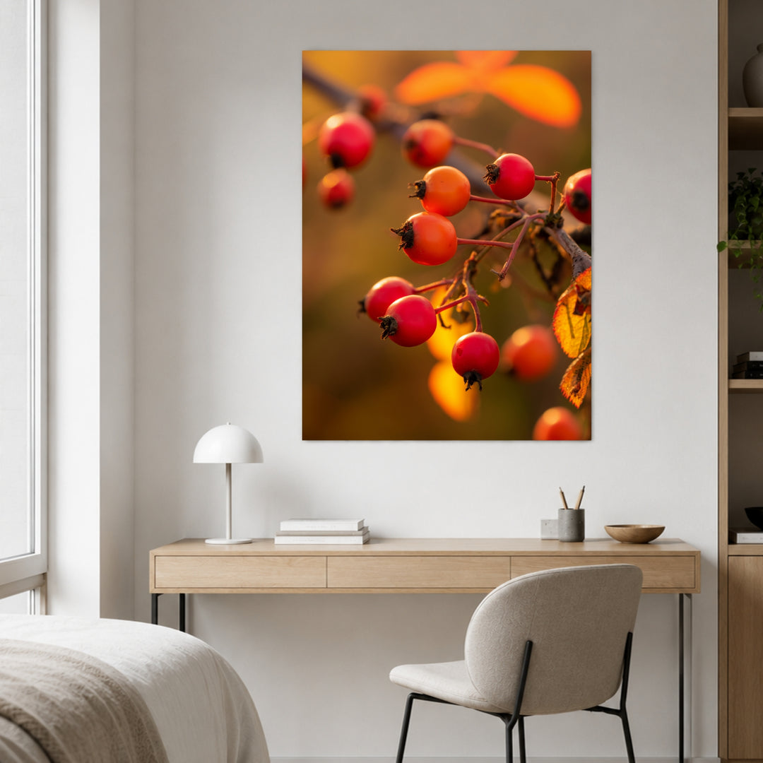 Rote Hagebutten im Herbstlicht Poster – Ohne Rahmen – Produktfoto