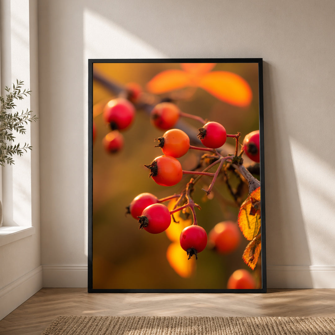 Rote Hagebutten im Herbstlicht Poster – Schwarzer Rahmen – Produktfoto