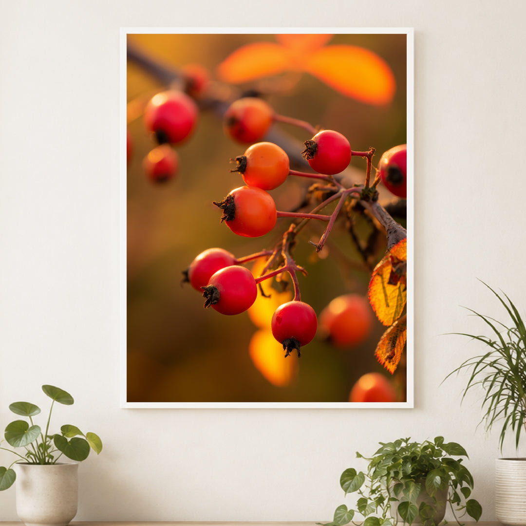 Rote Hagebutten im Herbstlicht Poster – Weißer Rahmen – Produktfoto