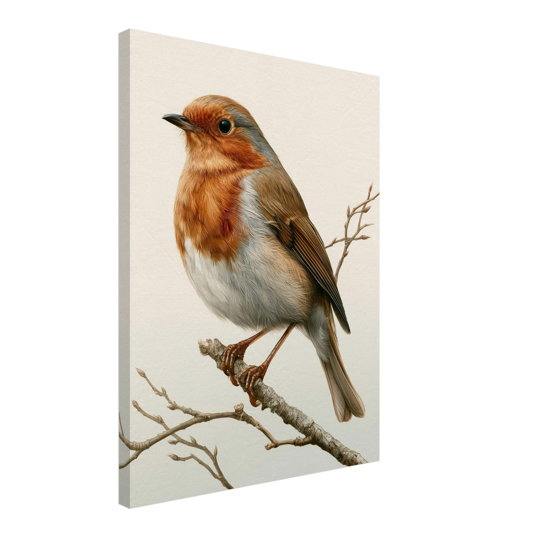 Rotkehlchen auf Winterzweig Leinwandbild – Schräge Ansicht – Produktfoto