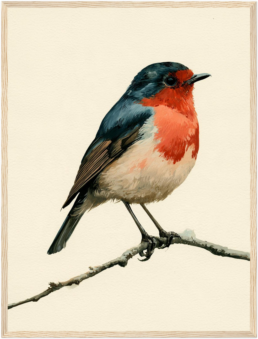 Rotkehlchen auf Ast Poster – Holz natur Rahmen – Produktfoto
